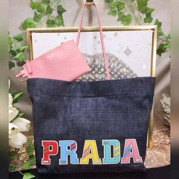 NWOT Prada Denim Logo Patch Tote W/ Pouchette, Dust Bag And COA - Picture 3 of 16